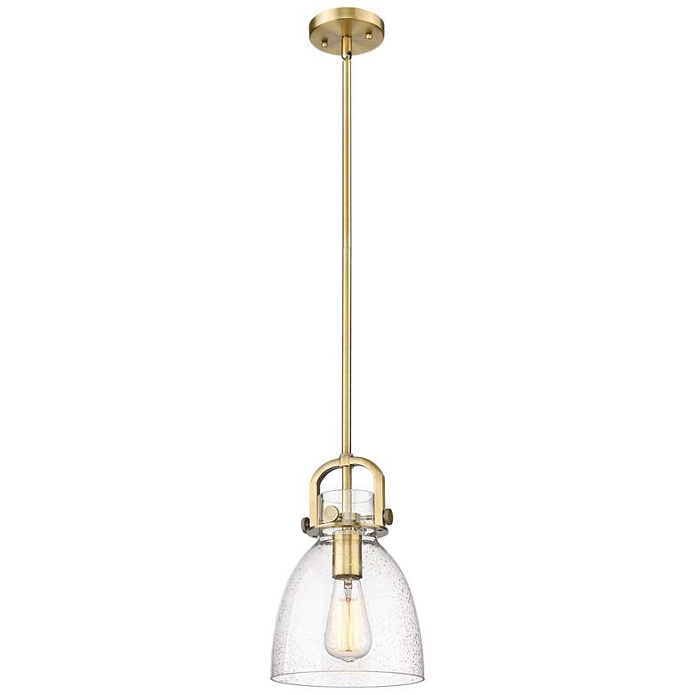 Image 1 Newton Bell 8" Wide Stem Hung Brushed Brass Pendant With Seedy Shade