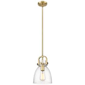 Newton Bell 8" Wide Stem Hung Brushed Brass Pendant With Seedy Shade Newton Bell 8" Wide Stem Hung Brushed Brass Pendant With Seedy Shade