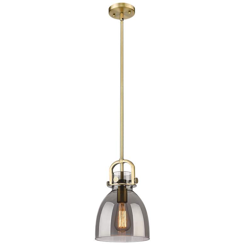 Image 1 Newton Bell 8" Wide Stem Hung Brushed Brass Pendant With Smoke Shade