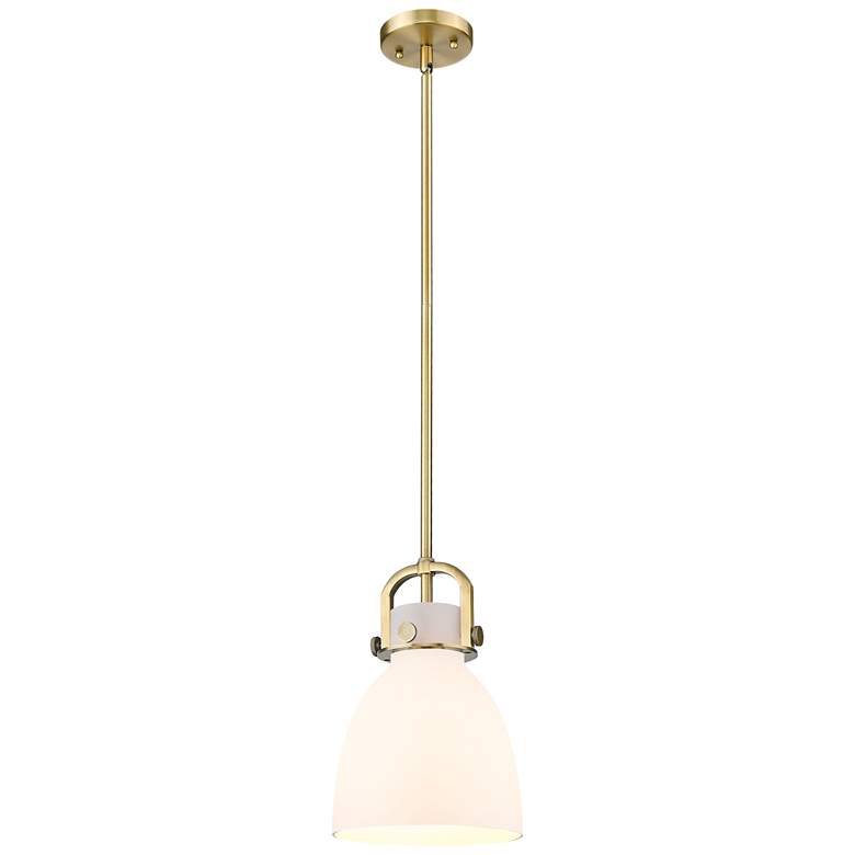Image 1 Newton Bell 8" Wide Stem Hung Brushed Brass Pendant With White Shade