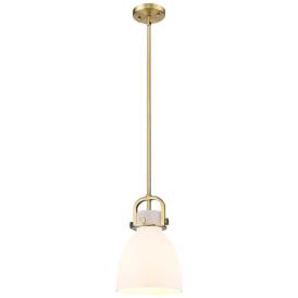 Newton Bell 8" Wide Stem Hung Brushed Brass Pendant With White Shade Newton Bell 8" Wide Stem Hung Brushed Brass Pendant With White Shade