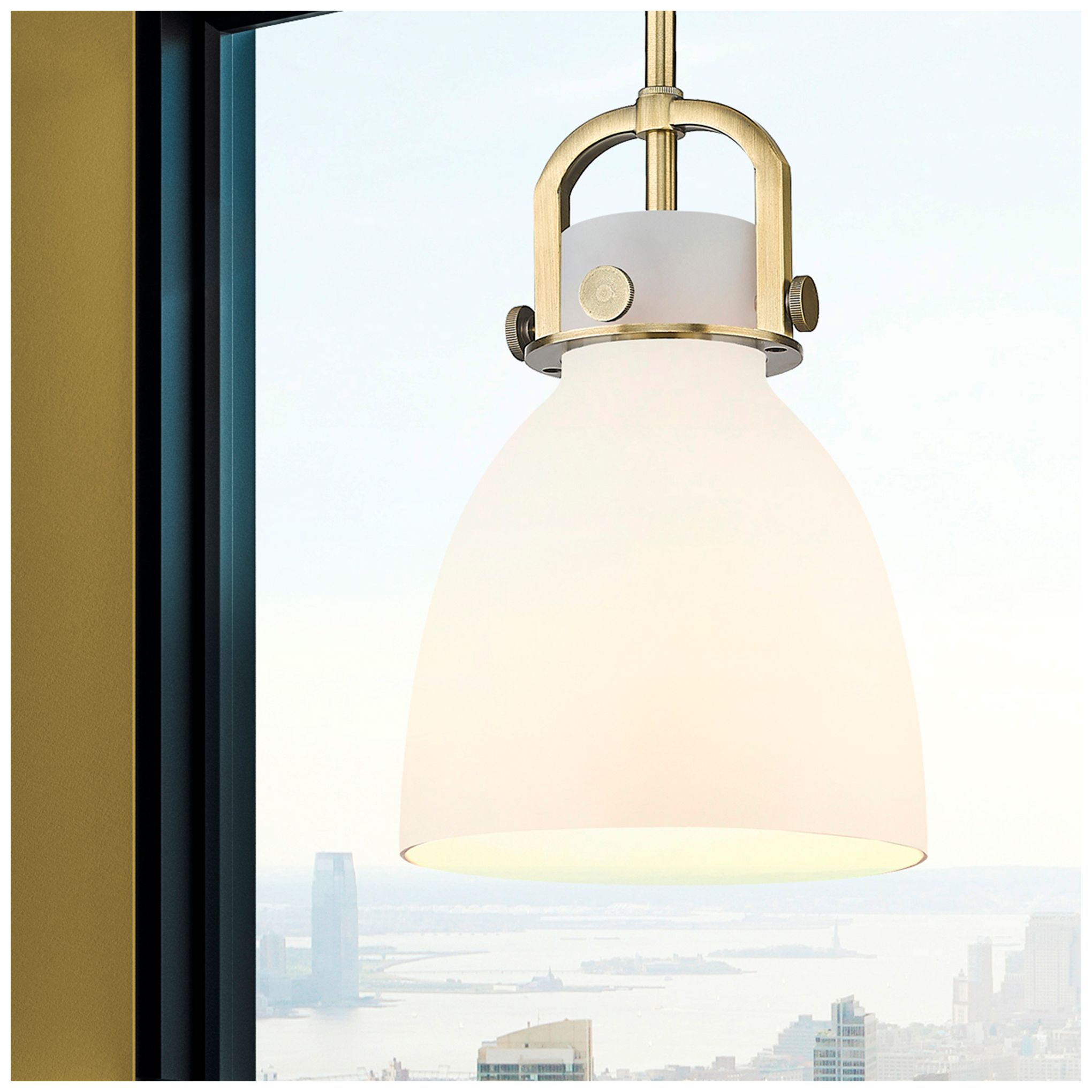 Image 2 Newton Bell 8" Wide Stem Hung Brushed Brass Pendant With White Shade more views