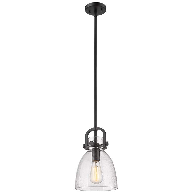 Image 1 Newton Bell 8" Wide Stem Hung Matte Black Pendant With Seedy Shade