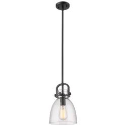 Newton Bell 8" Wide Stem Hung Matte Black Pendant With Seedy Shade