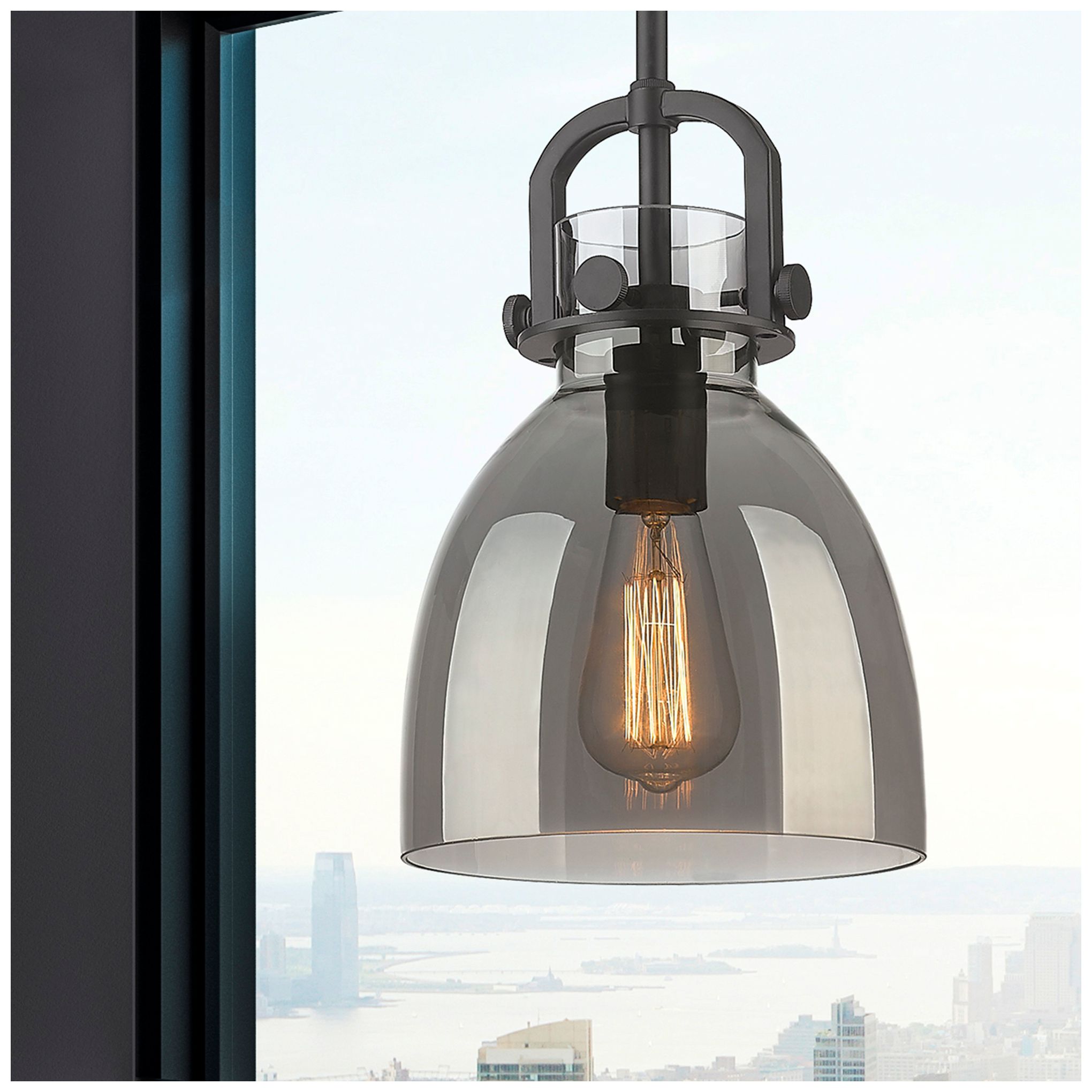 Image 2 Newton Bell 8" Wide Stem Hung Matte Black Pendant With Smoke Shade more views