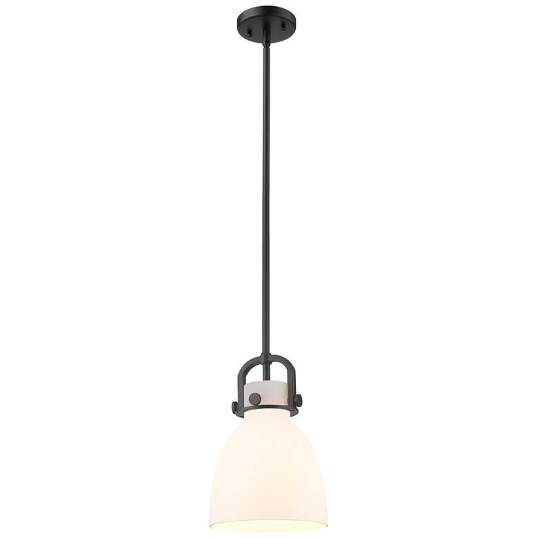 Image 1 Newton Bell 8" Wide Stem Hung Matte Black Pendant With White Shade