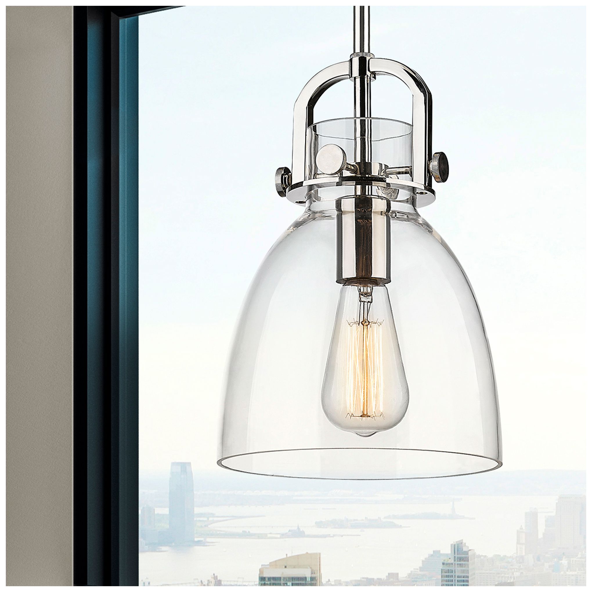 Image 2 Newton Bell 8" Wide Stem Hung Polished Nickel Pendant With Clear Shade more views