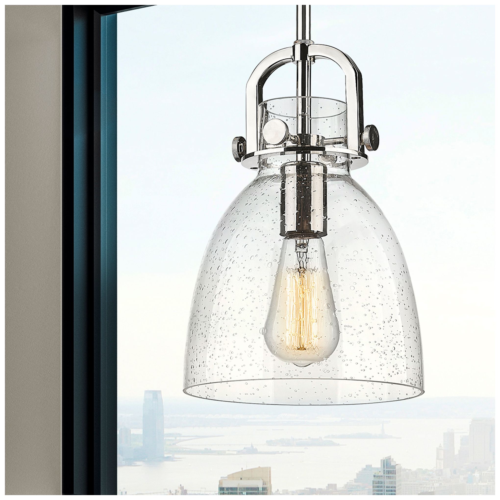 Image 2 Newton Bell 8" Wide Stem Hung Polished Nickel Pendant With Seedy Shade more views