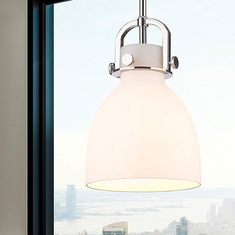 Image 2 Newton Bell 8" Wide Stem Hung Polished Nickel Pendant With White Shade more views