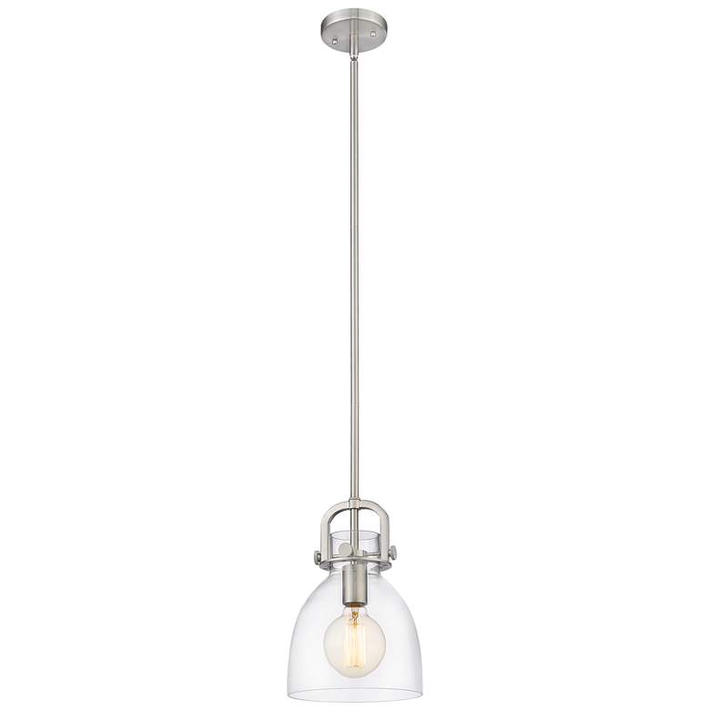 Image 1 Newton Bell 8" Wide Stem Hung Satin Nickel Pendant With Clear Shade