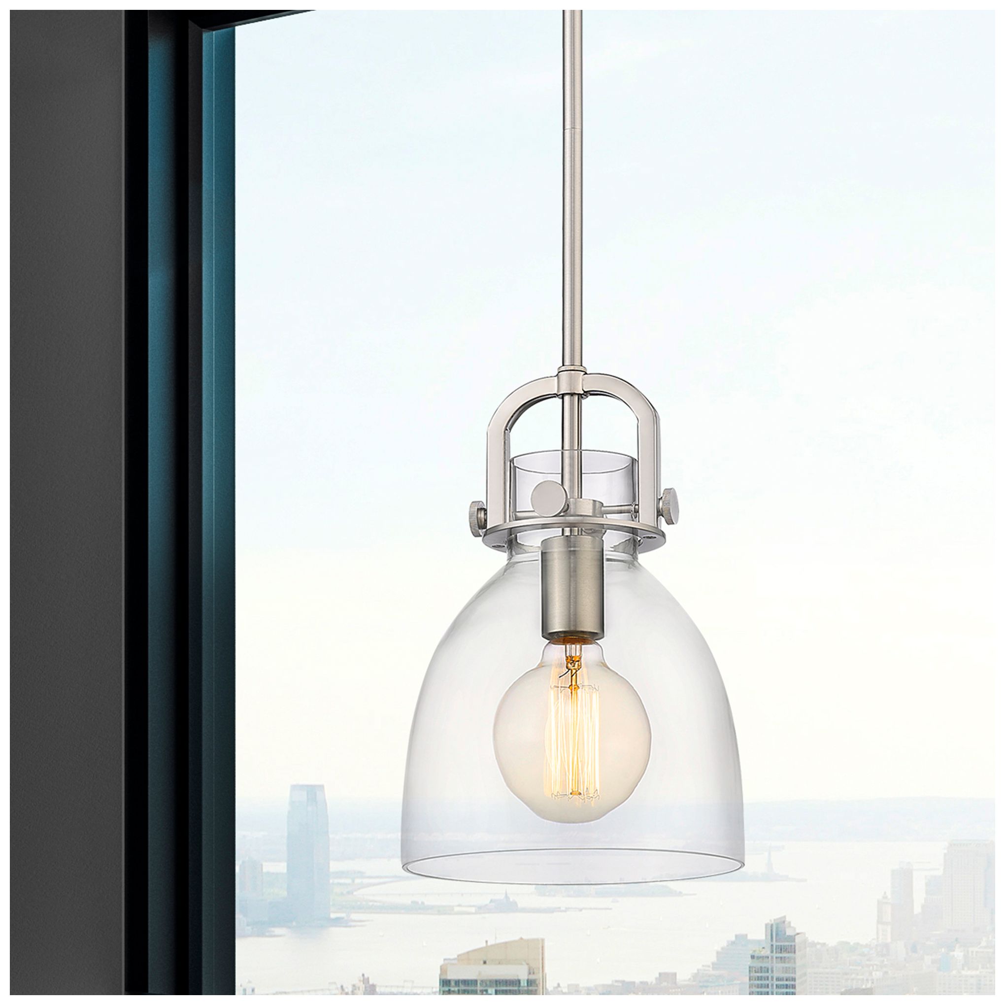 Image 2 Newton Bell 8" Wide Stem Hung Satin Nickel Pendant With Clear Shade more views