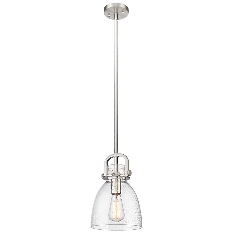 Image 1 Newton Bell 8" Wide Stem Hung Satin Nickel Pendant With Seedy Shade