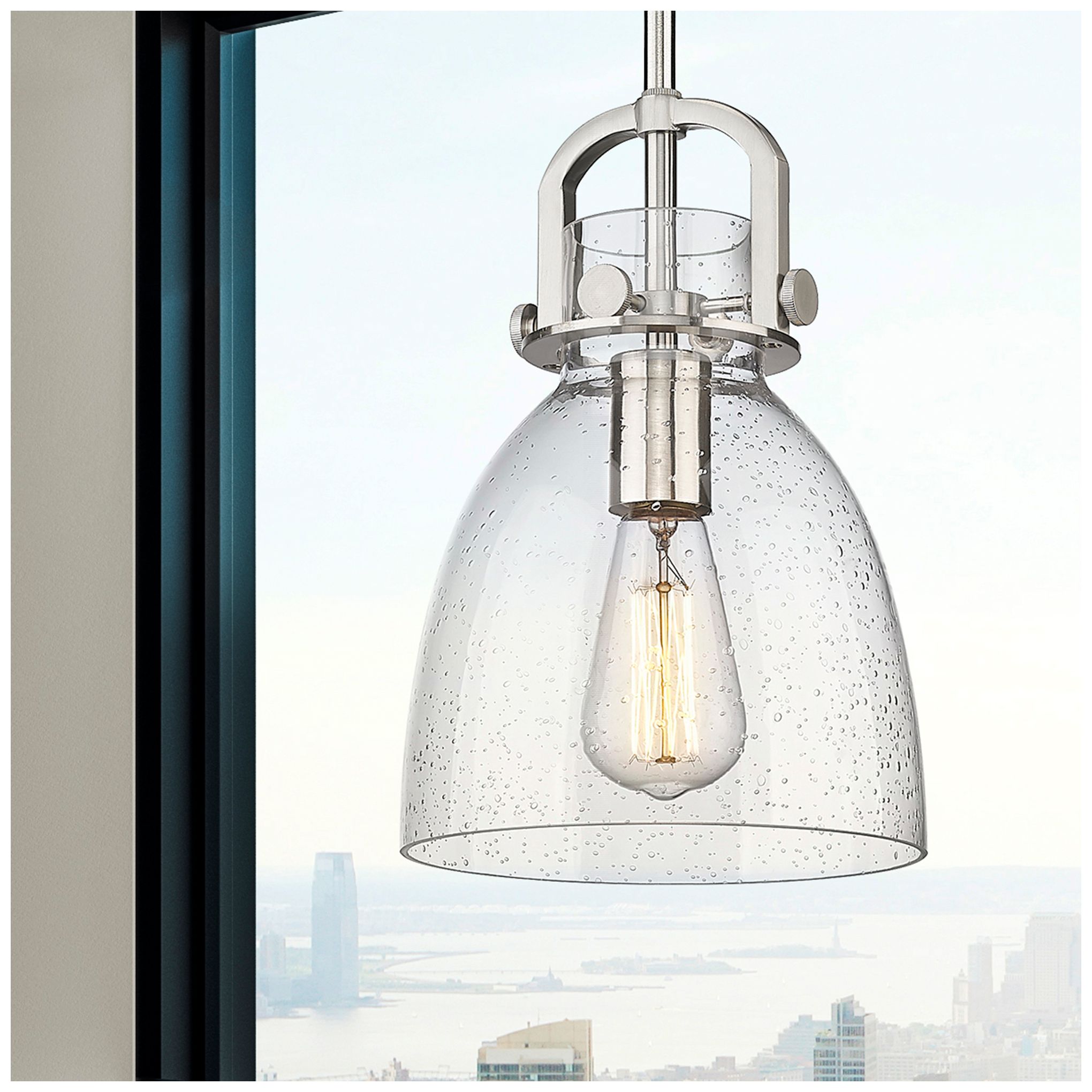 Image 2 Newton Bell 8" Wide Stem Hung Satin Nickel Pendant With Seedy Shade more views