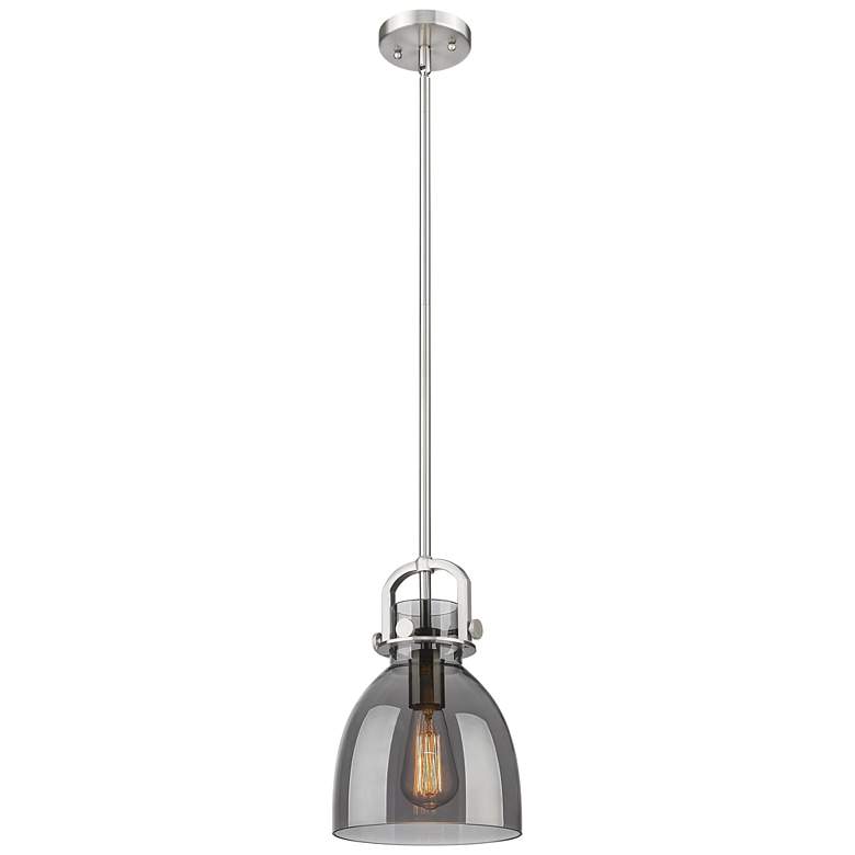 Image 1 Newton Bell 8" Wide Stem Hung Satin Nickel Pendant With Smoke Shade
