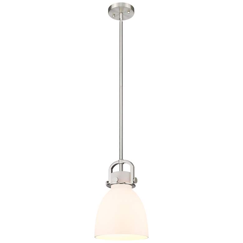 Image 1 Newton Bell 8" Wide Stem Hung Satin Nickel Pendant With White Shade