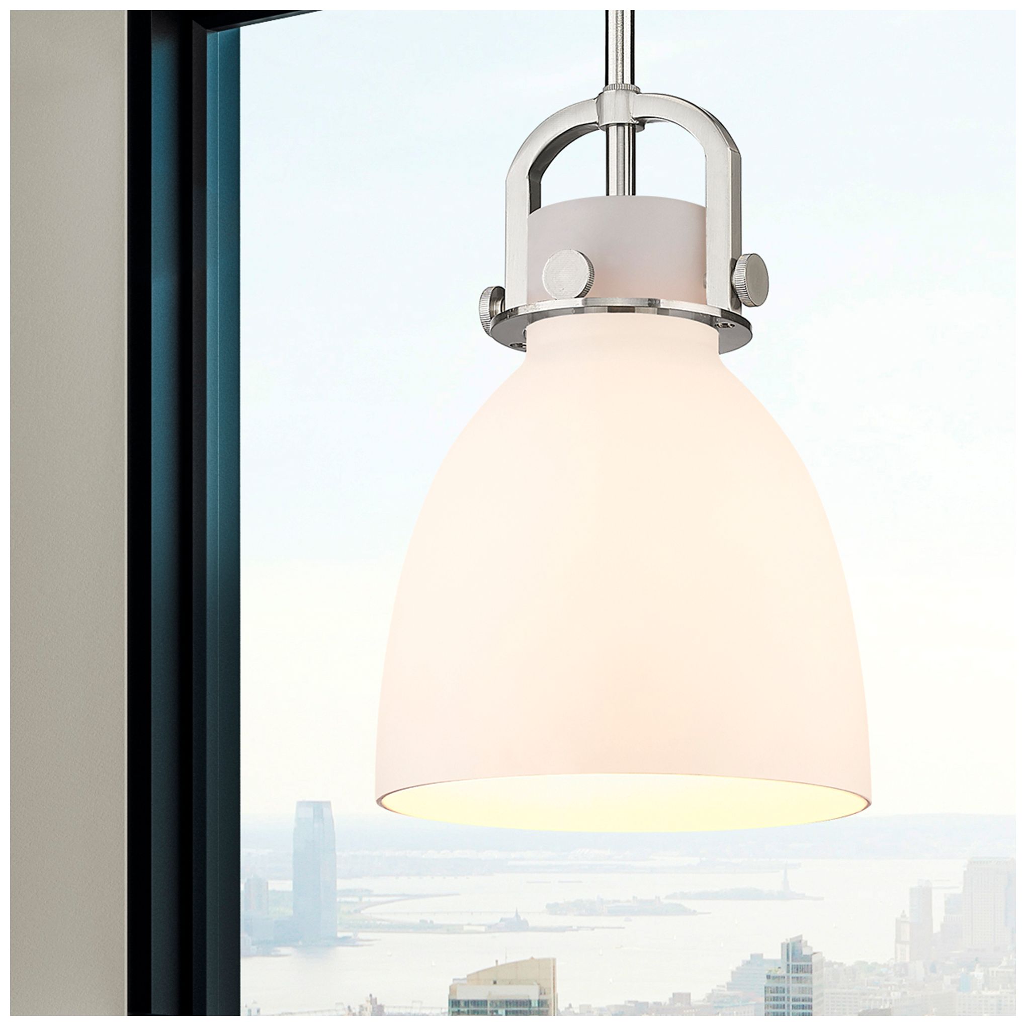 Image 2 Newton Bell 8" Wide Stem Hung Satin Nickel Pendant With White Shade more views