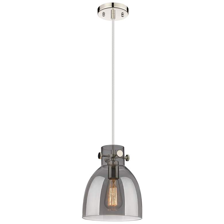 Image 1 Newton Bell 8"W Polished Nickel Cord Hung Pendant With Plated Smoke Sh