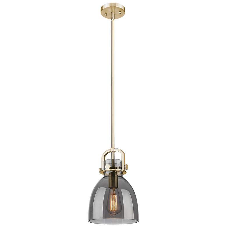 Image 1 Newton Bell 8"W Champagne Stem Arched Mini Pendant w/ Light Smoke Shade