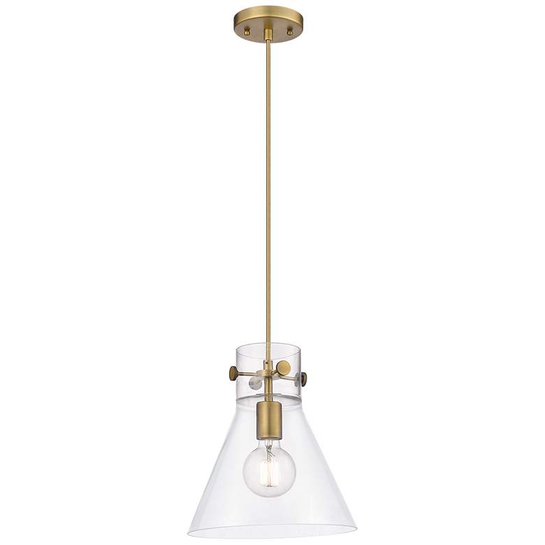 Image 1 Newton Cone 10" Wide Cord Hung Brushed Brass Pendant With Clear Shade