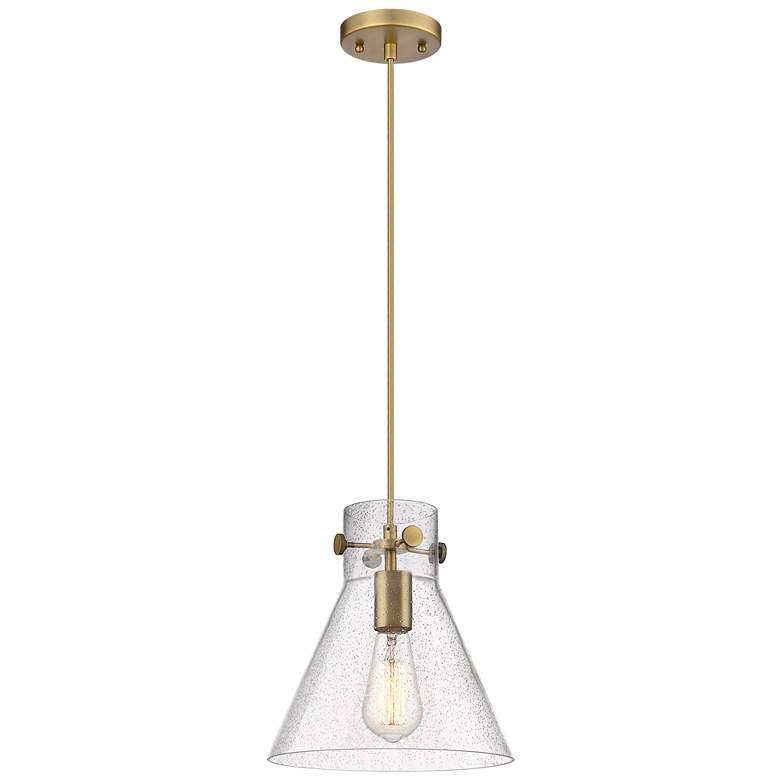 Image 1 Newton Cone 10 inch Wide Cord Hung Brushed Brass Pendant With Seedy Shade