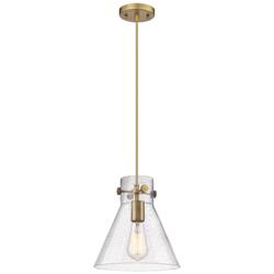 Newton Cone 10" Wide Cord Hung Brushed Brass Pendant With Seedy Shade