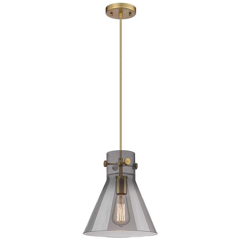 Image 1 Newton Cone 10" Wide Cord Hung Brushed Brass Pendant With Smoke Shade