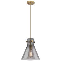 Newton Cone 10" Wide Cord Hung Brushed Brass Pendant With Smoke Shade