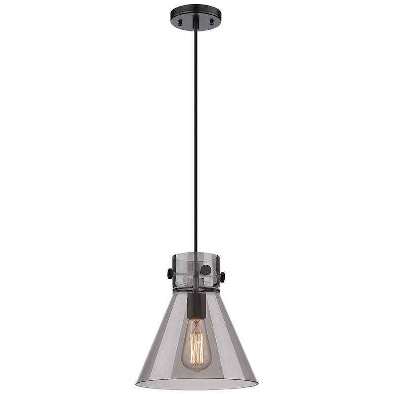 Image 1 Newton Cone 10" Wide Cord Hung Matte Black Pendant With Smoke Shade