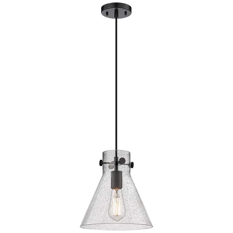 Image 1 Newton Cone 10" Wide Matte Black Cord Hung Pendant With Seedy Glass Sh