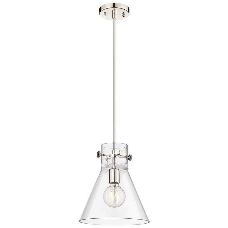 Image 1 Newton Cone 10" Wide Polished Nickel Cord Hung Pendant With Clear Shad