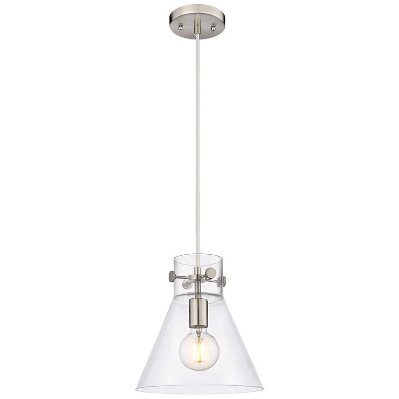 Image 1 Newton Cone 10" Wide Satin Nickel Cord Hung Pendant With Clear Glass S