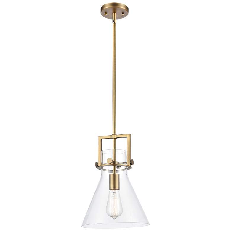 Image 1 Newton Cone 10" Wide Stem Hung Brushed Brass Pendant With Clear Shade