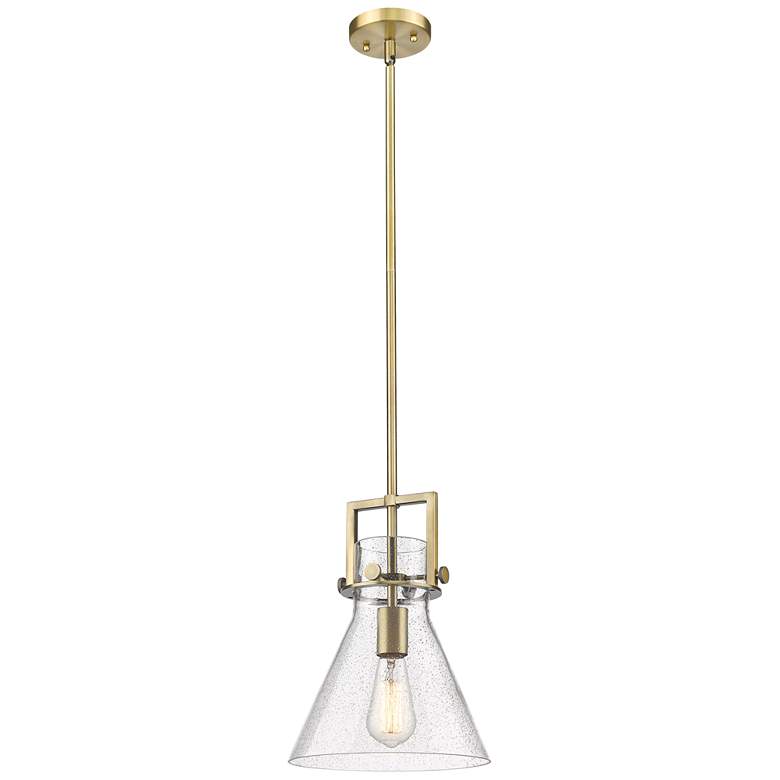 Image 1 Newton Cone 10" Wide Stem Hung Brushed Brass Pendant With Seedy Shade