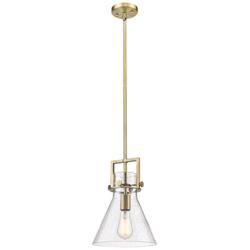 Newton Cone 10" Wide Stem Hung Brushed Brass Pendant With Seedy Shade