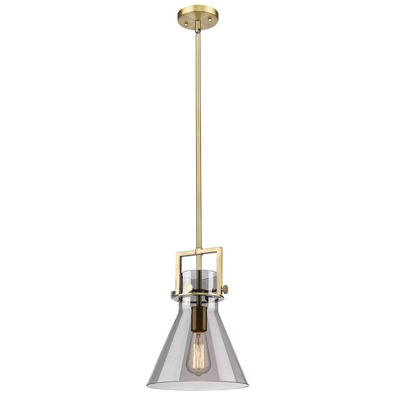 Image 1 Newton Cone 10" Wide Stem Hung Brushed Brass Pendant With Smoke Shade