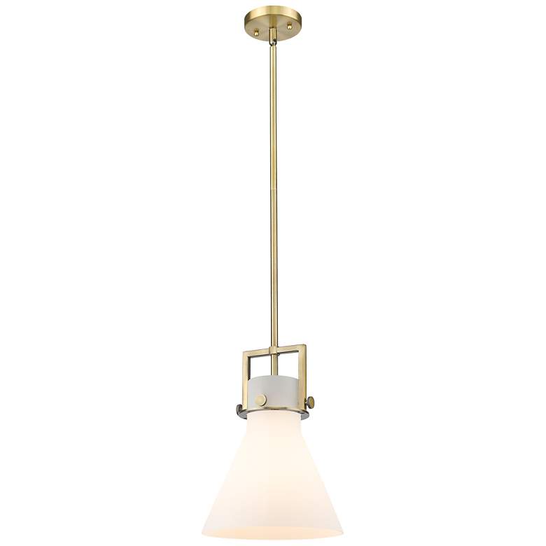 Image 1 Newton Cone 10" Wide Stem Hung Brushed Brass Pendant With White Shade