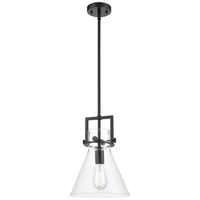 Image 1 Newton Cone 10" Wide Stem Hung Matte Black Pendant With Clear Shade