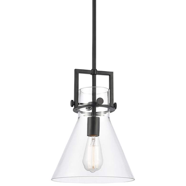 Image 2 Newton Cone 10" Wide Stem Hung Matte Black Pendant With Clear Shade