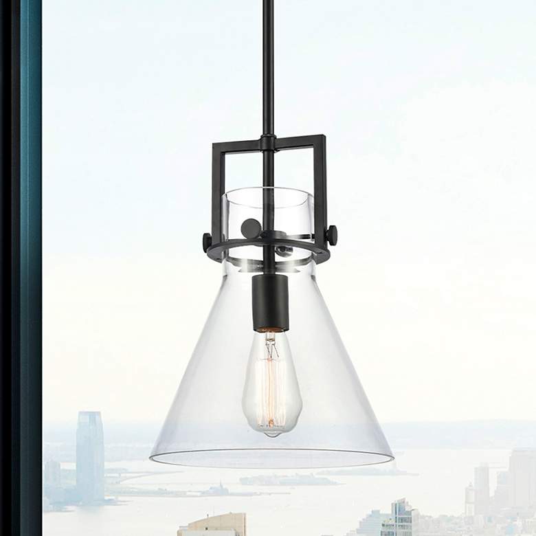 Image 1 Newton Cone 10" Wide Stem Hung Matte Black Pendant With Clear Shade