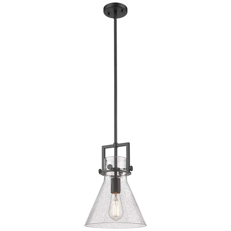 Image 1 Newton Cone 10" Wide Stem Hung Matte Black Pendant With Seedy Shade