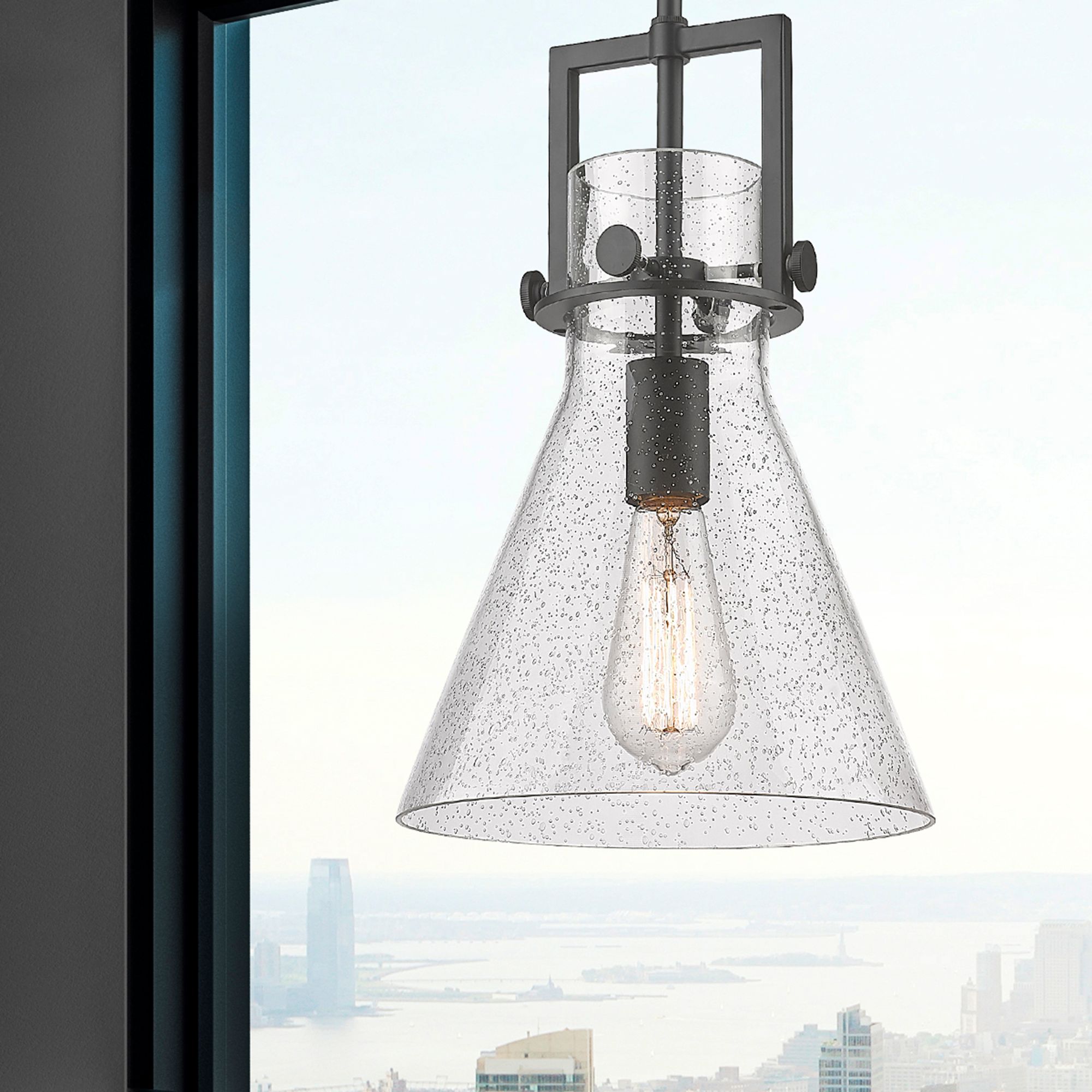 Image 2 Newton Cone 10" Wide Stem Hung Matte Black Pendant With Seedy Shade more views