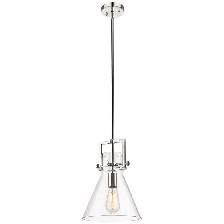 Image 1 Newton Cone 10" Wide Stem Hung Polished Nickel Pendant With Clear Shad