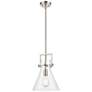 2_Newton Cone 10" Wide Stem Hung Satin Nickel Pendant With Clear Shade