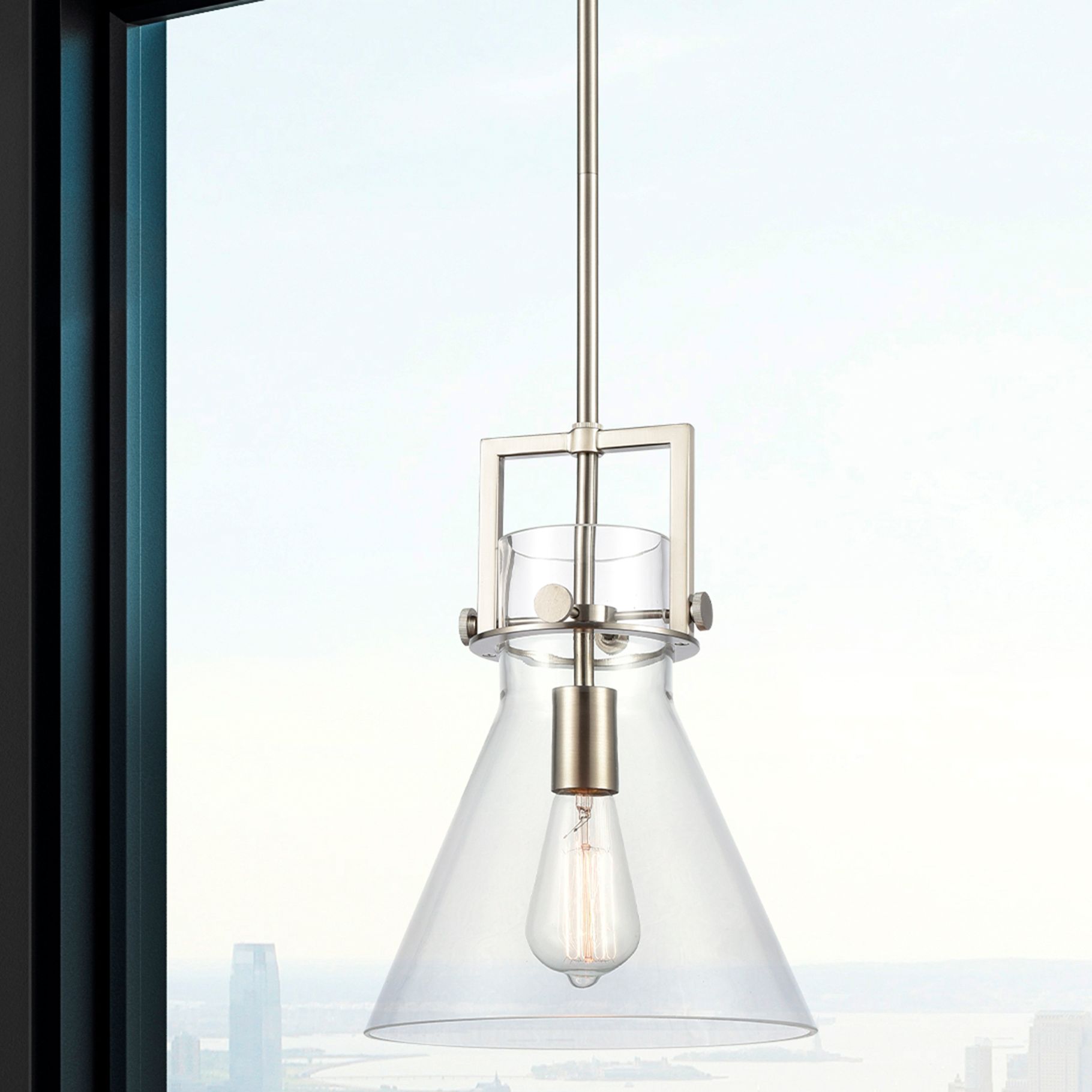 Newton Cone 10" Wide Stem Hung Satin Nickel Pendant With Clear Shade