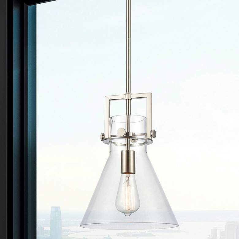 Image 1 Newton Cone 10" Wide Stem Hung Satin Nickel Pendant With Clear Shade