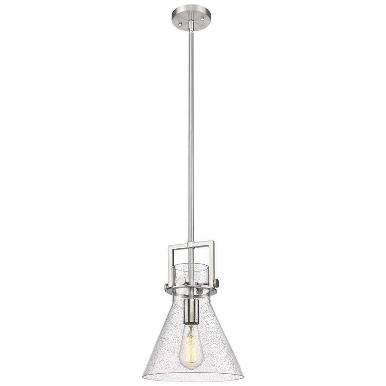Image 1 Newton Cone 10" Wide Stem Hung Satin Nickel Pendant With Seedy Shade