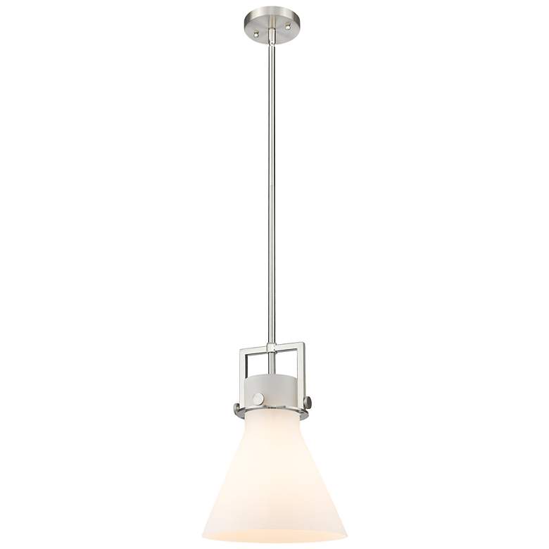 Image 1 Newton Cone 10" Wide Stem Hung Satin Nickel Pendant With White Shade
