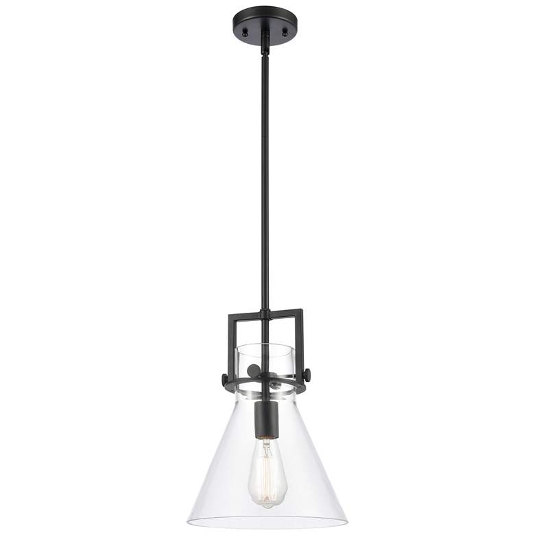 Image 1 Newton Cone 13.63" Matte Black LED Stem Hung Mini Pendant w/ Clear Sha