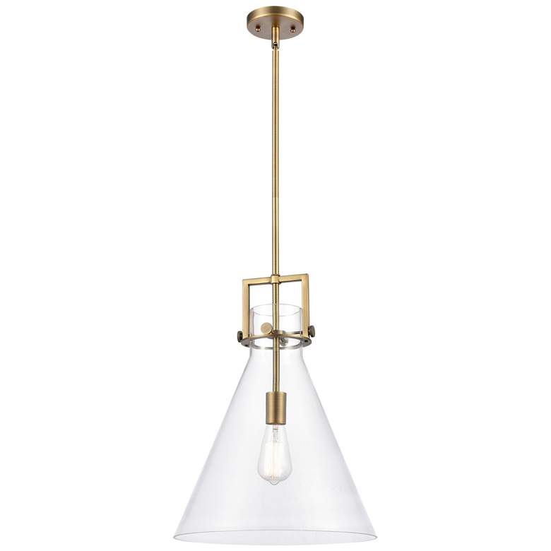 Image 1 Newton Cone 14 inch Brushed Brass LED Stem Hung Pendant With Clear Shade