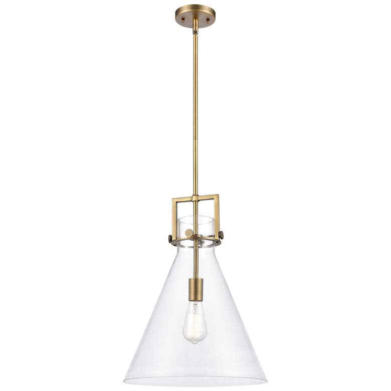 Image 1 Newton Cone 14" Brushed Brass LED Stem Hung Pendant With Clear Shade